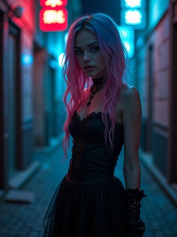 Photo captures a gothic-themed woman at night. She has pink and blue ombre hair, wearing a dramatic gothic outfit. The background shows an urban alley with blue and pink lighting. The overall atmosphere is dark and moody, enhancing the gothic theme.