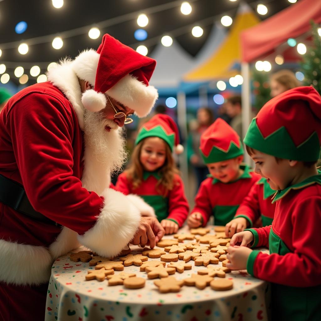 Festive setting filled with joy. Santa Claus surrounded by children in elf costumes. Kids engaged in baking cookies. Decorated table with cookie shapes. Colorful tents and bright string lights in the backdrop. Captures holiday celebration spirit. Warms the heart during Christmas traditions.