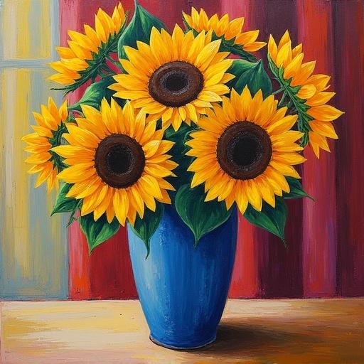 Still life of sunflowers in a blue vase. Acrylic painting on canvas. Post-impressionistic style with bold outlines and flat color planes. Intense yellows and deep purples. Soft ambient light. No signature.