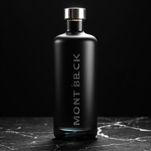 A tall slender bottle made of deep matte black glass. Clean cylindrical shape with rounded shoulders. Thick glass base. Contrasting textures with a narrow vertical clear glass window. Name 'MONT BLACK' embossed in platinum silver foil. 'by Vuletta' in cursive script. Brushed platinum metal cap with monogrammed 'V'. Soft lighting that highlights textures. Dark marble surface and black-to-charcoal background evoke luxury.