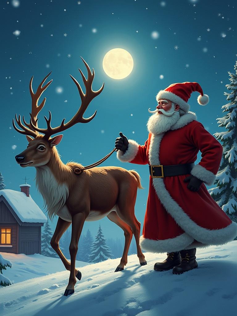 Santa Claus prepares to lead his reindeer in a snowy landscape under a full moon.