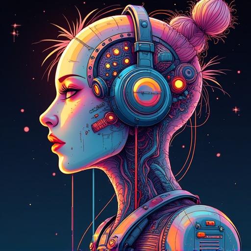 Front profile view of a DJ character. Biomechanical design with headphones. Kaleidoscopic and experimental style. Highly detailed and dynamic appearance.