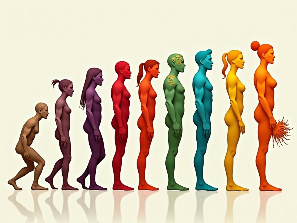 The image illustrates eight stages of human evolution regarding body perception. The first stage is shown in beige, representing the body as a survival tool. Moving to purple, the second stage emphasizes tribal identity and cultural adornments. Red symbolizes strength in the third stage, while blue indicates discipline in the fourth. The fifth stage in orange showcases optimization for health and success. In green, the sixth stage presents a holistic nurturing view. The seventh stage, in yellow, harmonizes body, mind, and spirit. Finally, the eighth stage, in turquoise, reflects a global unity concerning collective well-being.