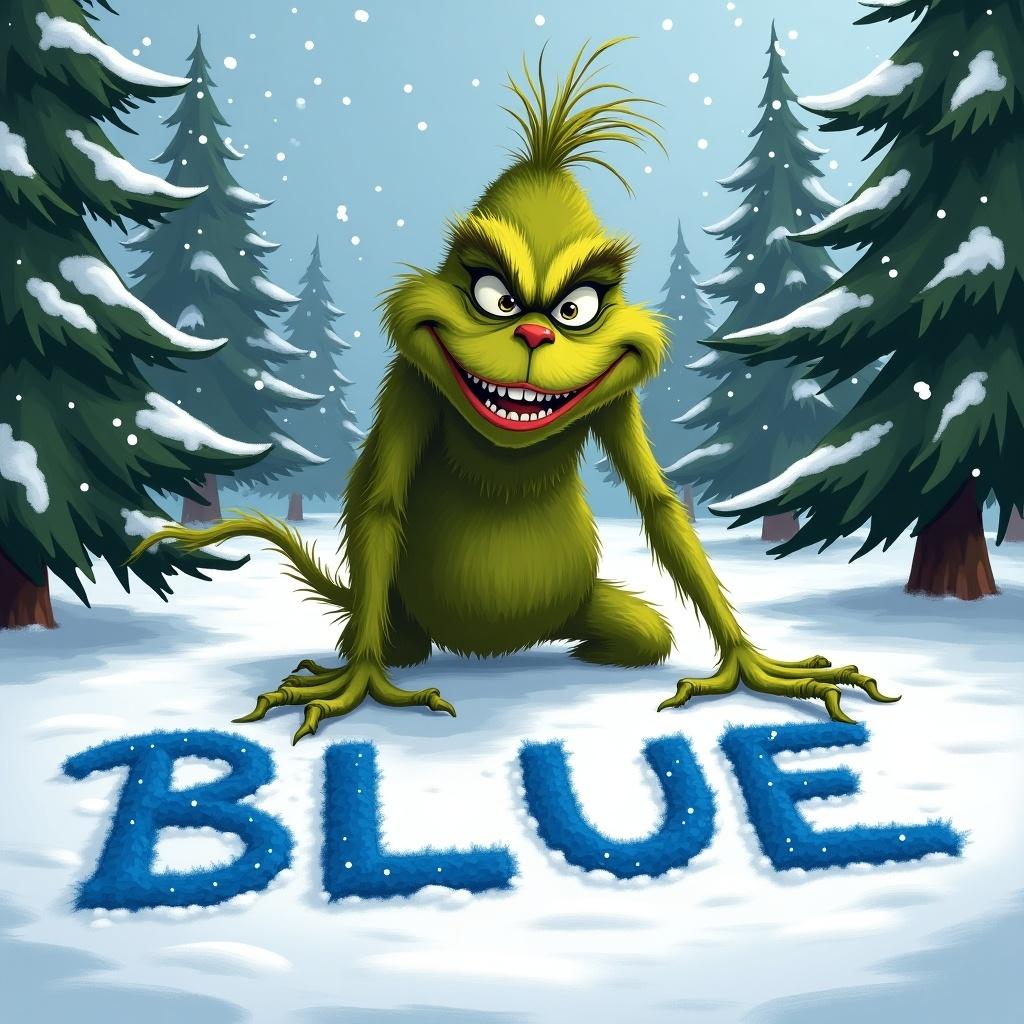 Grinch stands in the snow. Surrounded by pine trees. Grinch writes in the snow. The word 'BLUE' is visible.