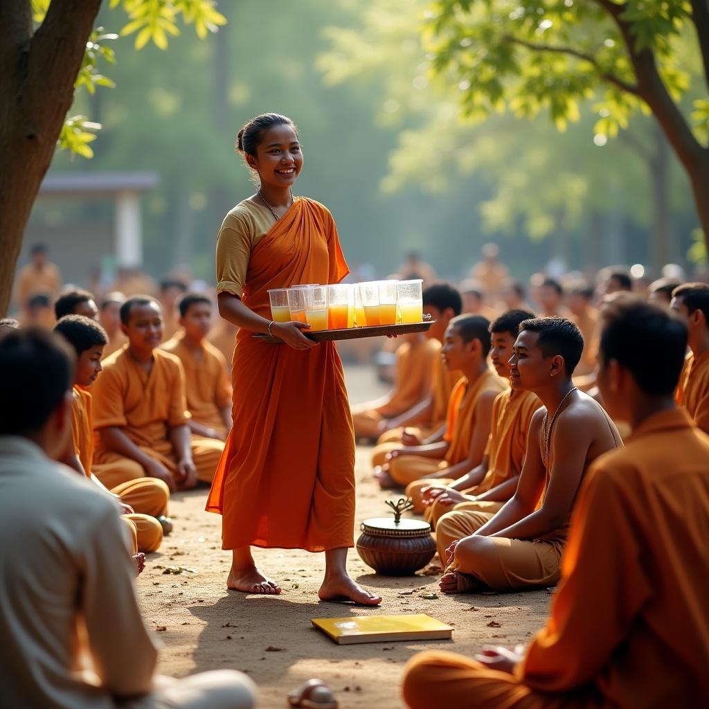 A tea seller walks around with a tray of iced tea glasses amongst worshippers in a study session. The seller wears traditional clothing and shows a friendly smile. Worshippers of various ages sit cross-legged, focused on the session. The background features lush trees and a bright ambiance, enhancing community spirit. Traditional musical instruments are placed nearby.