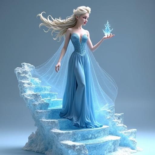Resin statue inspired by Elsa from Frozen. Standing on a frozen staircase casting ice magic. Wearing an icy-blue dress. Long platinum-blonde hair flowing. Majestic and elegant pose. Highly detailed sculpture for collectors. Studio lighting. Full body display.