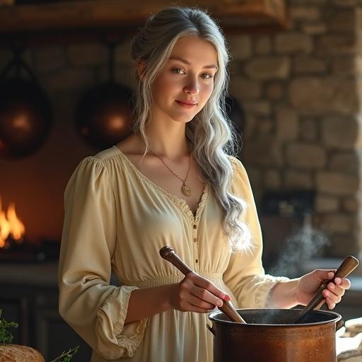 Beautiful young noblewoman in a pale gold dress in a kitchen. Long silver hair in loose bun with golden hairpin. Fair skin and gray-blue eyes. Stirring a pot with a wooden spoon surrounded by ingredients. Softly blurred stone walls and a hearth fire in the background. Warm, medieval-fantasy atmosphere.