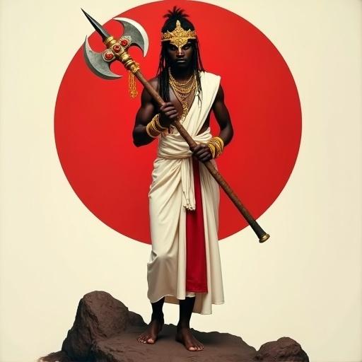 Portrait of a majestic young male orisha with dark skin. Dressed in white and red tunic. Golden crown obscures face. Firm grip on double-headed axe with red stones. Body has golden bracelets. Barefoot on rock. Large red circle behind. Volcanic rocks at the base. Soft background emphasizes character. Semi-realistic oil painting style.