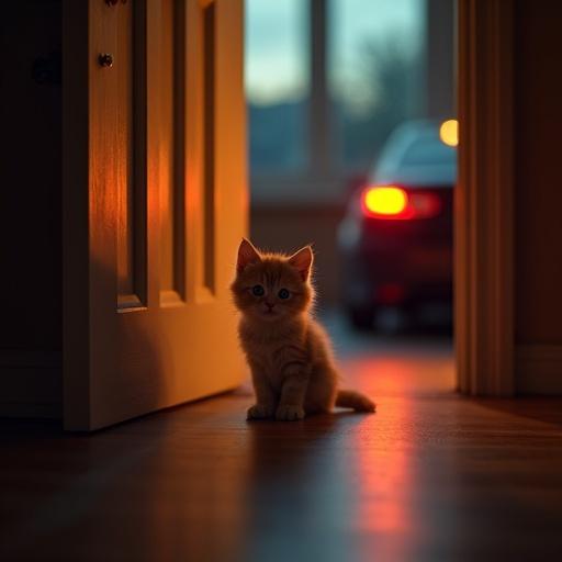 Cozy room in warm golden light. Small fluffy kitten with sad eyes sits near closed door. Paws pressed against floor. Thin gap under door shows fading car taillights. Warm interior light contrasts with cool blue night hues. Image conveys loneliness and gentle melancholy in high detail.