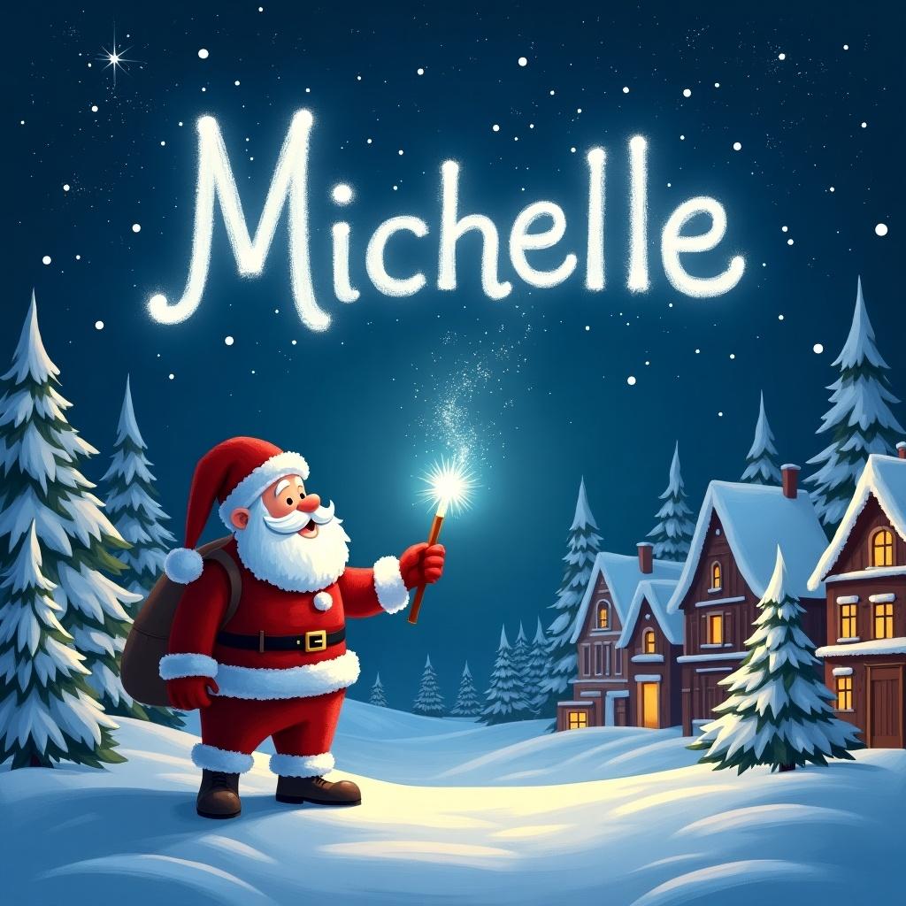 Santa in snowy village at North Pole scene. He writes in the sky with a glowstick wand the name Michelle in the starry sky.