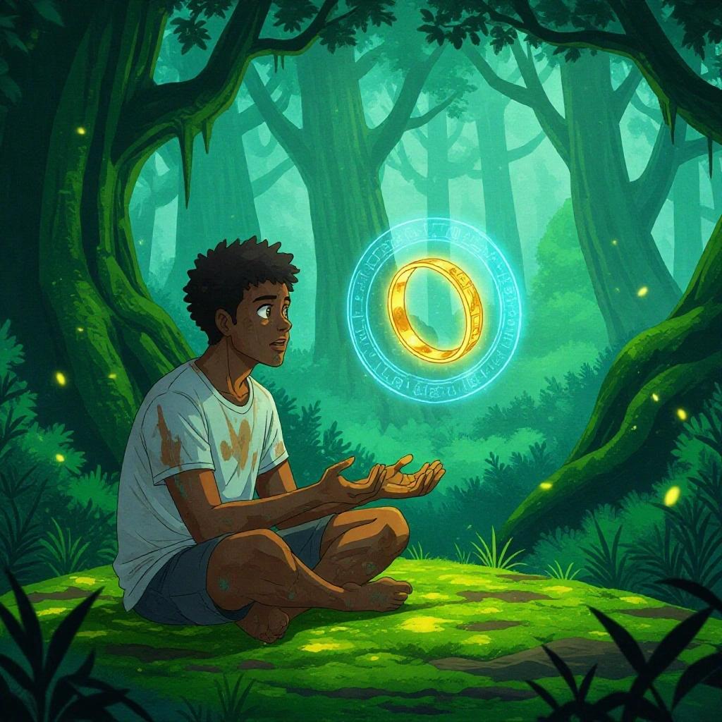 A Dominican man with medium brown skin and short curly black hair sits on glowing moss in a mystical forest. Stare in awe at a golden ring floating in front. Ring emits a soft glow with blue light and symbols. Wearing a soaked white t-shirt and short gray pants. Expression shows surprise and wonder. Ancient trees rise behind. Glowing mist and soft morning light filter through leaves. Floating pollen and light particles drift around. Full color, anime manhwa style, vibrant detail.
