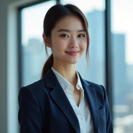 A beauty with a strong corporate image. Delicate facial features. Confident and amiable expression. Professional eyes. Wearing a dark blue custom suit and white shirt. Simple silver tie showing competence. Hairstyle is a low ponytail with smooth hair strands. Standing in a modern office with tall windows. Bright office with city views. Soft light and shadow effect. Professional and grand style with cool colors highlighting corporate image.