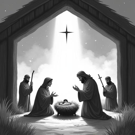 Grayscale landscape oriented image of the nativity scene. Mary and Joseph are present with baby Jesus in a manger. Shepherds and wise men are approaching. Set inside a barn. A star shines in the sky above the center.