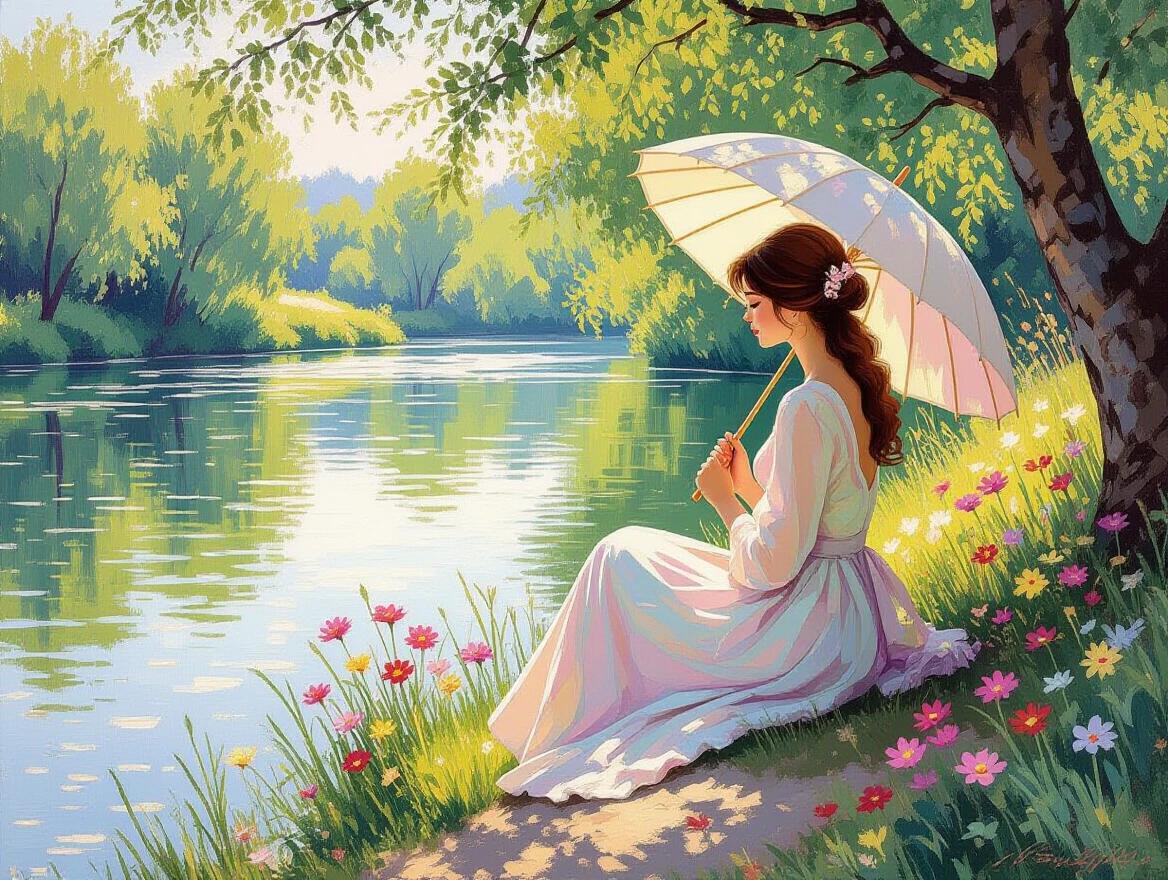 A serene woman sits by a riverbank holding a parasol. She is wearing a pastel dress. Wildflowers surround her. The water is calm with reflections. Sunlight dapples through the trees. The painting uses pointillism and dot technique with a colorful impressionist palette. It has a canvas texture, natural soft lighting, and a gentle atmosphere. The artwork has a vintage style with high detail and is of masterpiece quality.