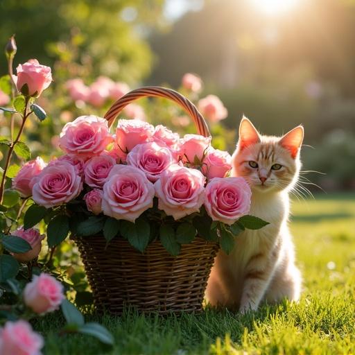 Basket filled with pink roses located in a flower garden. A cat sitting beside the basket. Bright sunlight illuminating the scene.