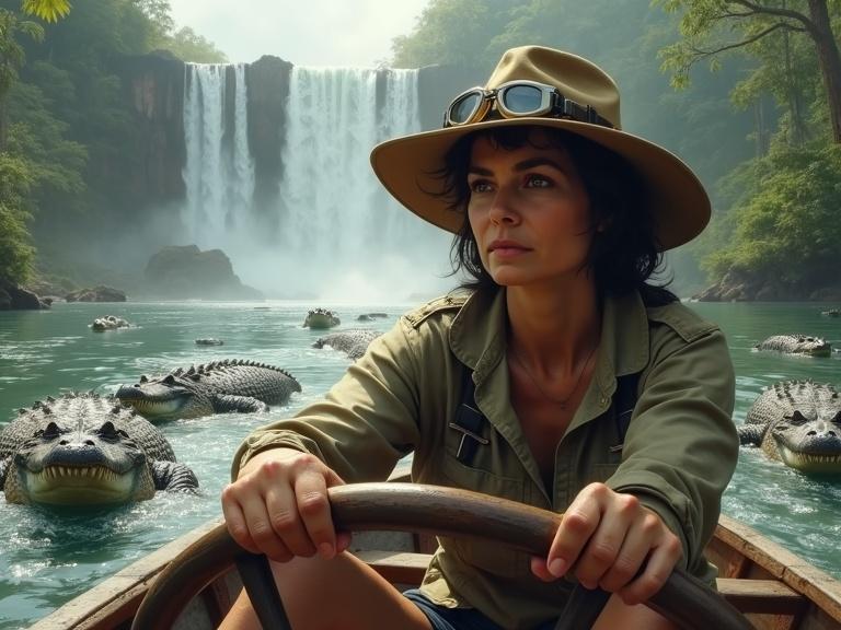 Stunningly realistic digital painting of a woman navigating a crocodile-infested river in a jungle. Wide-brimmed explorer's hat goggles khaki shirt dark hair serious expression gripping boat's wheel. Misty setting large waterfall cascading into river. Numerous crocodiles close to boat adding danger. Early morning or late afternoon light filtering through mist. Exceptional artwork quality photorealistic detail in skin clothing water crocodiles. Well-balanced composition with woman as focal point surrounded by stunning landscape wildlife evoking adventure danger and beauty of nature.
