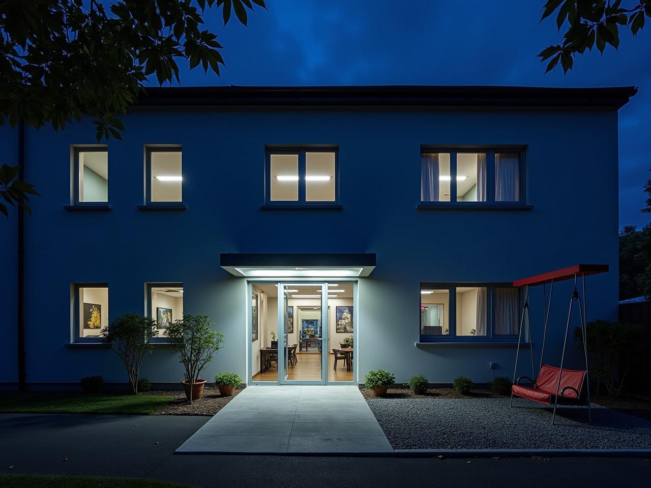 The building is illuminated with a dark blue floodlight, creating a moody atmosphere. Its entrance is framed by a glass door, while visible signage indicates it is a private secondary vocational school. A swing with a red canopy stands nearby, enhancing the tranquil setting. The windows of the building reflect a dusky light, emphasizing the contemporary architectural style. Surrounding the school, there are neatly arranged plants and a pebbled area, contributing to a well-maintained exterior.