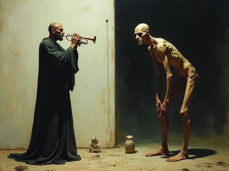 A surreal scene showing a robed man playing a trumpet. On the opposite side, a tall, gaunt figure with strange features stands hunched. The composition has contrasting light and dark halves. Small creatures are present in the foreground. Colors are earthy with harsh lighting.
