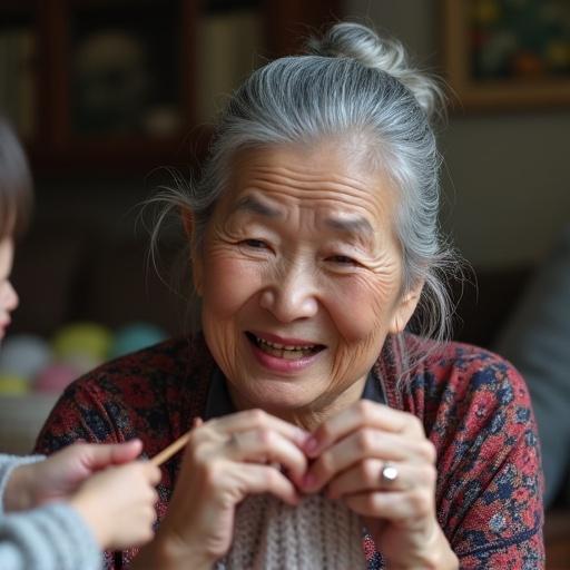 A Chinese woman teaching a child to knit. The woman has silver hair in a bun, wearing a floral cardigan. Her expression is warm and wise. Soft living room light is surrounding them. The child's hands are blurred. A basket of yarn is nearby.