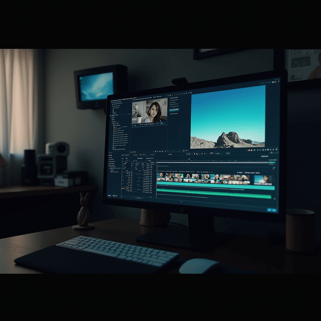 A computer screen in a cozy room displaying a video editing software with natural landscape footage.