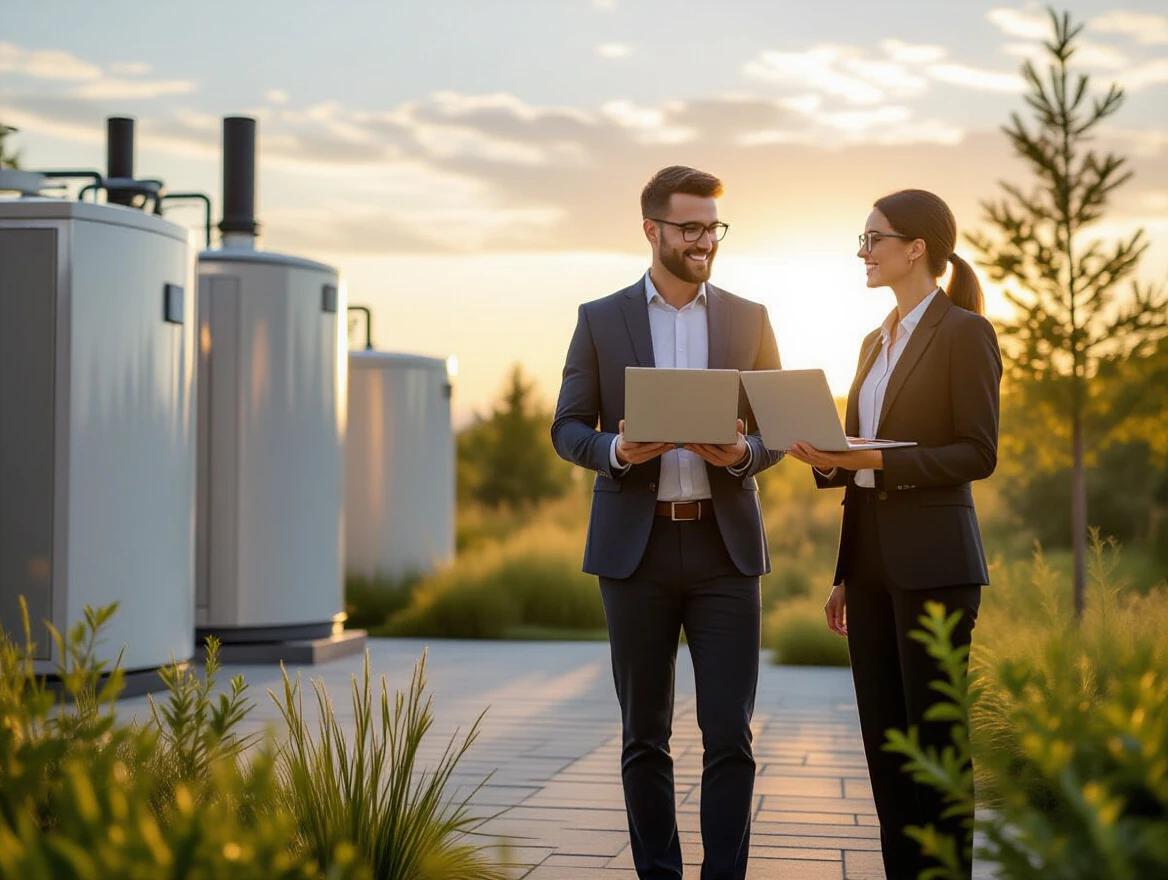 Hyper-realistic scene of two professionals standing outdoors holding laptops. Background includes green open space and biogas energy system blurred in the distance. Golden-hour sunlight enhances the atmosphere.