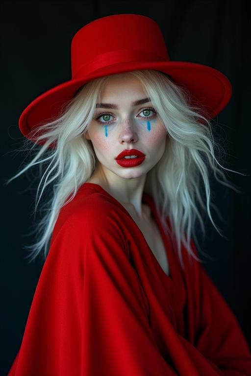 Fine art portrait photography of a pale-skinned woman with icy-white hair and a vivid red hat and cloak against a dark background. A blue teardrop under her left eye adds to her haunting beauty. The image has rich texture and cinematic lighting.
