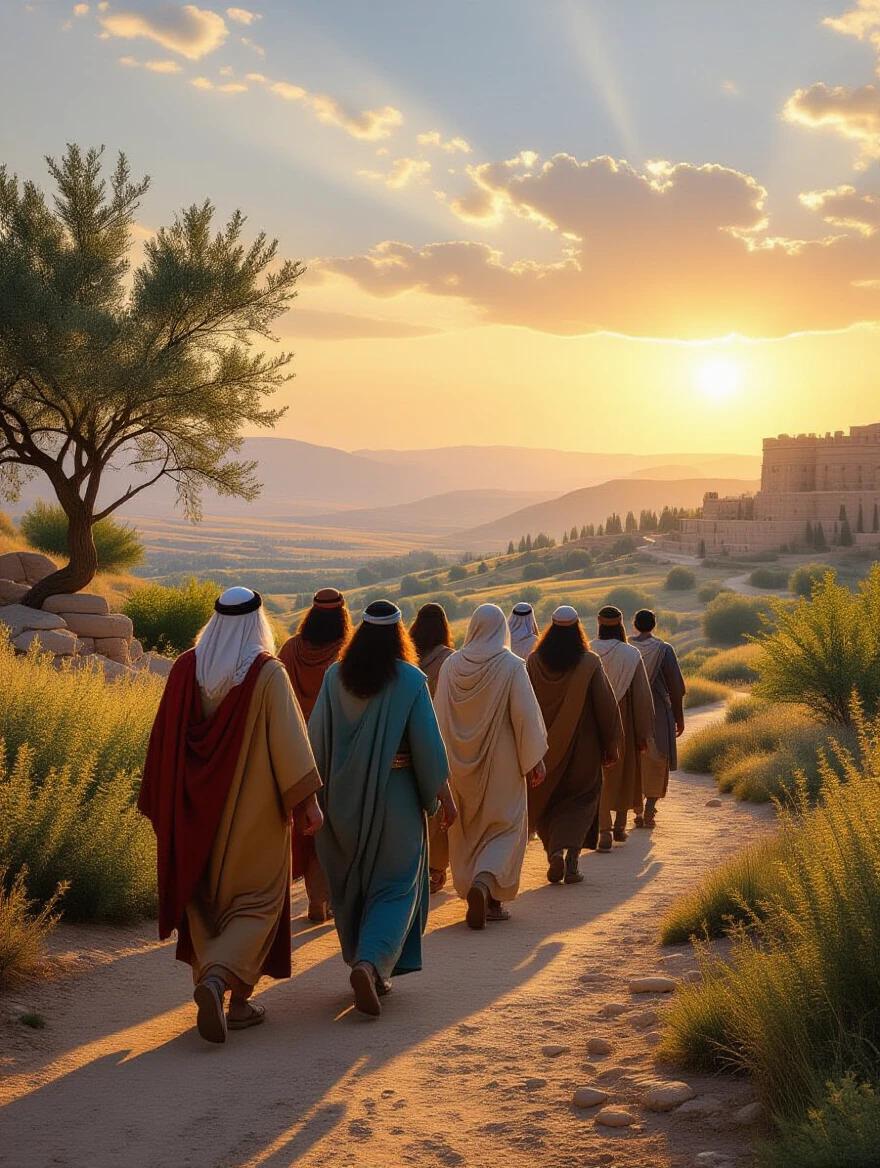 A diverse group of biblical Israelite figures from the time of Joseph walking on a winding path through a beautiful landscape with guiding warm light