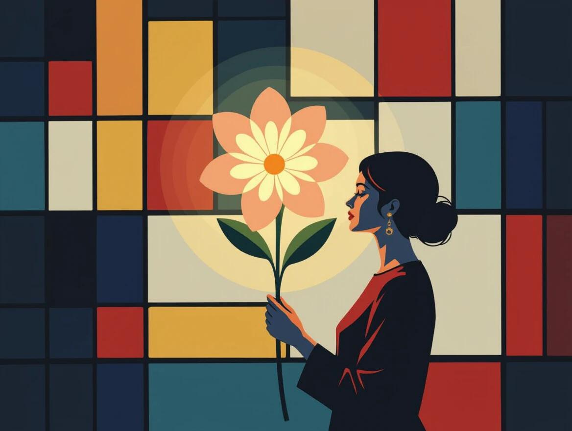 Woman holding a flower in a dark setting. Flower glows. Art combines Mondrian style with Dadaism. Background features geometric patterns in multiple colors.