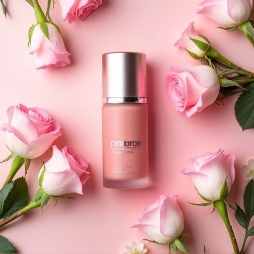 Image of liquid blush product surrounded by soft pink roses and white flowers. Makeup brushes are included. Chic minimalist packaging on pastel pink background. Perfect for beauty branding.
