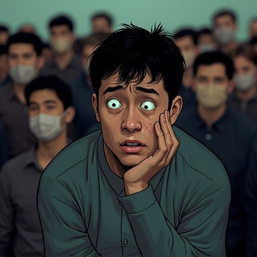 Person sweating and anxious surrounded by a crowd of people. Faces blurry. Feeling overwhelmed. Muted colors. Comic style.