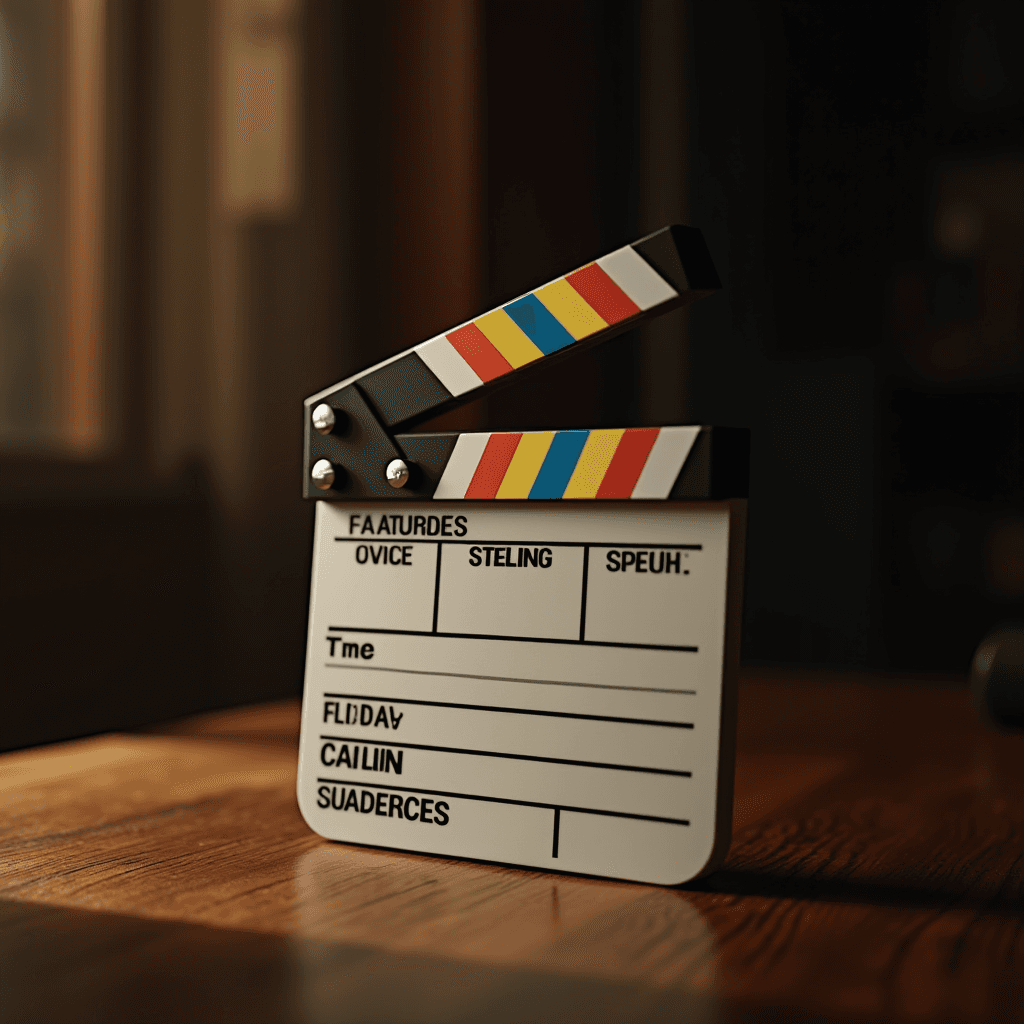 A close-up of a film clapperboard with vibrant colored stripes on a wooden surface.