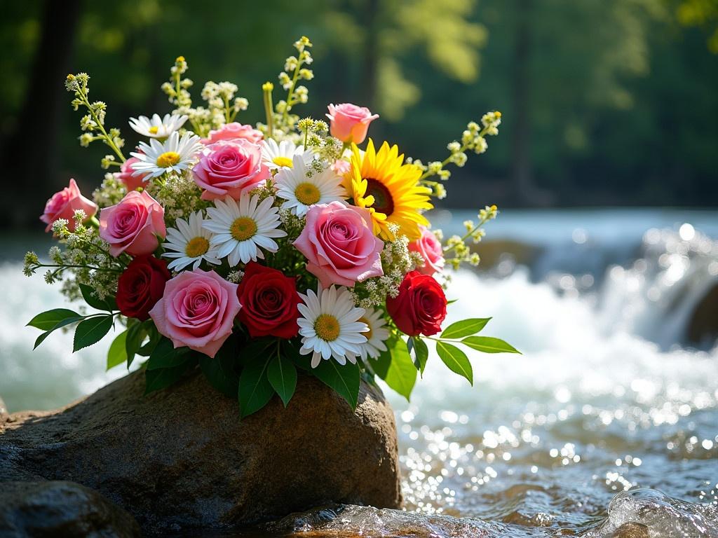 A beautiful bouquet of assorted flowers is positioned atop a rock near a river. The bouquet features pink and red roses, white daisies, yellow sunflowers, and sprigs of greenery. Gentle waves of the water cascade around the rock, creating foam and droplets. Sunlight reflects off the water, adding a sparkle to the scene. The lush background suggests a serene and natural setting, possibly in a forest or park. The image captures a moment of contrast between the delicate flowers and the powerful rushing water.