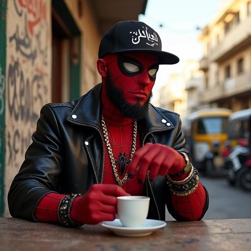 Cinematic photo of Egyptian shaabi-style Spider-Man at street café in Helwan. Customized red suit with flashy gold chain leather jacket and snapback. Half mask reveals beard sipping tea. Surrounding Egyptian youth in tank tops playing backgammon and smoking shisha. Tuk-tuks and graffiti in background. Warm gritty lighting.