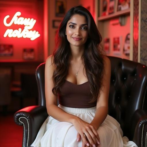 A woman with long wavy hair smiles at the camera. She sits in an elegant chair in a Hollywood-themed room. The decor includes movie frames and a neon sign. She wears a chocolate brown strapless top and a tiered white skirt. The setting is bright and inviting.