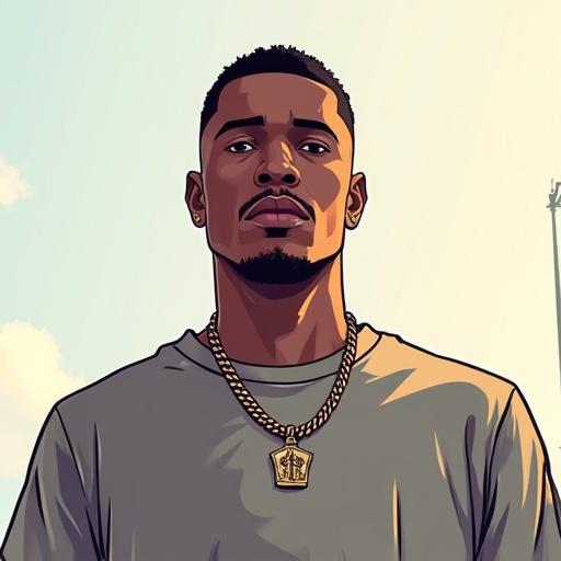 Digital illustration of a male rapper facing the camera directly. The figure wears a solid color t-shirt without accessories. The style resembles Grand Theft Auto art with a comic flair and a simple color palette.