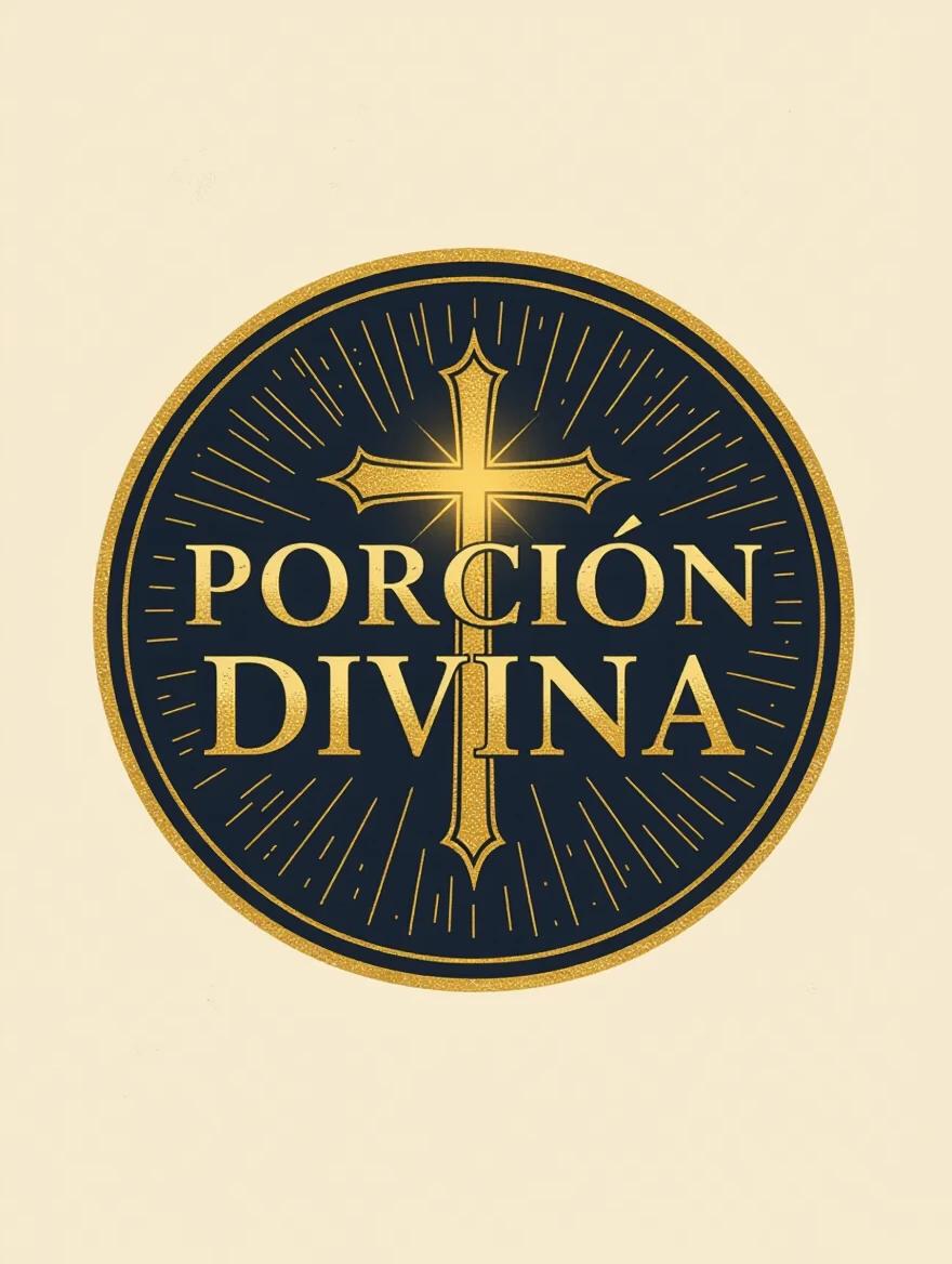 Create a circular high-resolution logo with a cinematic style for a Christian channel named 'Porción Divina'. The logo should feature a celestial or ancient stone textured background. Include a subtle golden cross behind the text. The letters 'PD' should be in metallic relief with a golden shine. Add touches of fire and electricity for emphasis. Design should be minimalist yet impactful and in pure realism style.