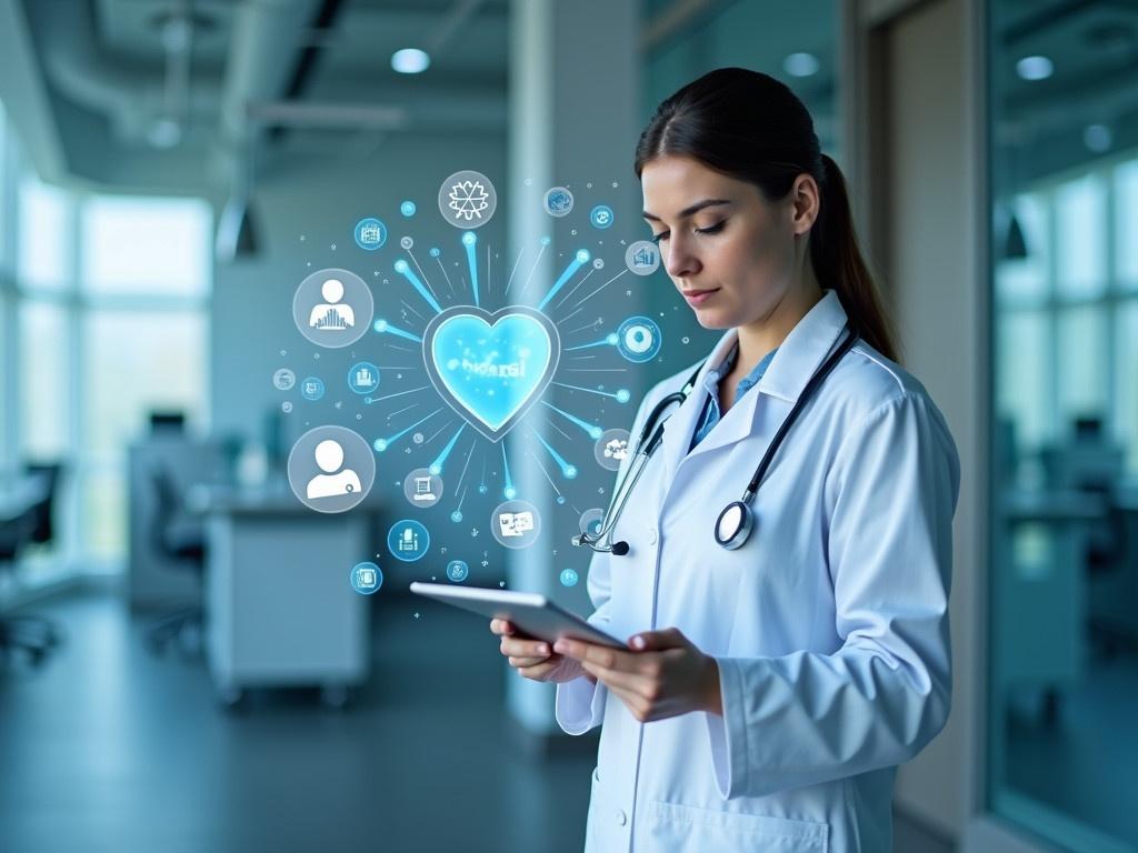 A healthcare professional is seen standing in a modern, high-tech medical office. They are wearing a white lab coat with a stethoscope around their neck, focusing on a tablet in their hands. Surrounding them are digital health icons and holographic graphs, representing advancements in medical technology and data analysis. The background is blurred but suggests a clean and advanced medical environment, highlighting the importance of technology in healthcare. The image conveys a sense of innovation and professionalism in medicine.