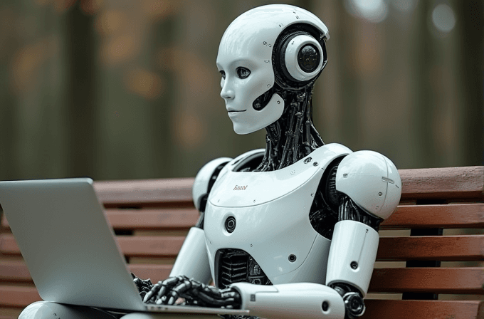 A humanoid robot sits on a bench using a laptop.