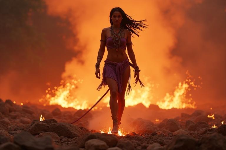 Lira walks barefoot across burning stones. She is under the watchful eyes of the Flame Clan’s high chieftain. Sparks rise from the earth. The scene captures her rite of leadership.