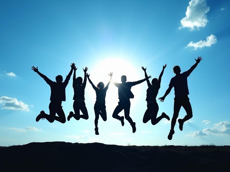Vibrant silhouette scene of six people jumping in the air against a bright blue sky with scattered clouds. Figures are mid-air, dynamic poses, arms raised in celebration. Sun shines behind them creating rays. Figures are black silhouettes, strong contrast with sky. Composition conveys youth, freedom, excitement.