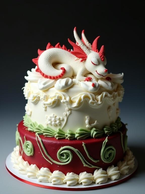 A dragon sleeps peacefully on a two-tier cake. The top tier has cloud-like white frosting. The bottom tier is dark red with green swirls. The cake features a decorative white frosting border. The setting has a dark gray to black gradient background.