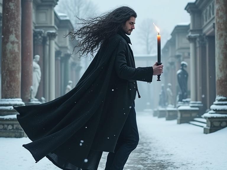 Tall fitted man with long voluminous curly dark hair. Wearing a black coat with a flowing cape. Walking with a single candle through empty snow-covered ruins of a classical garden. Frozen sculptures covered in snow. Wind blowing through hair and coat.