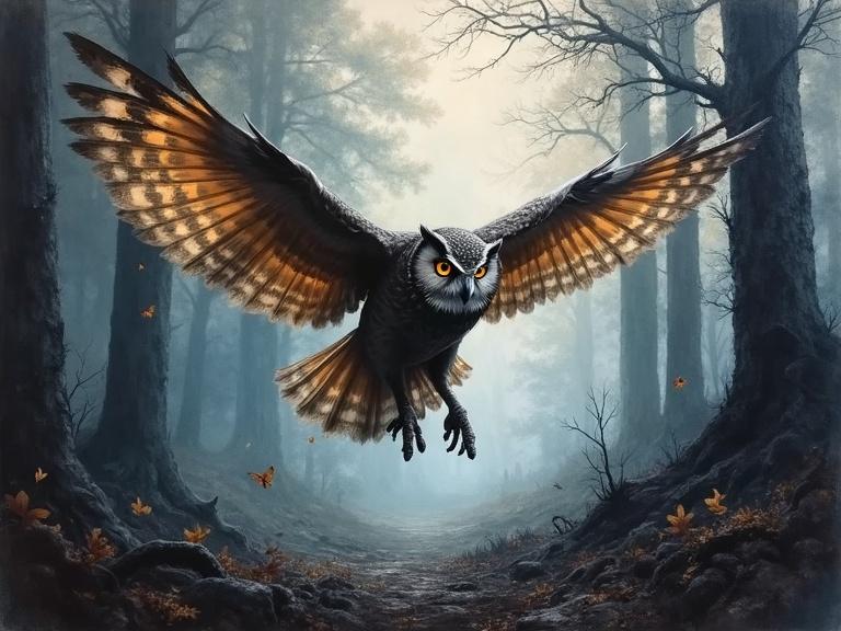 An owl crafted from smoke flying over a dark forest floor. Detailed beautiful ink splatter art style.