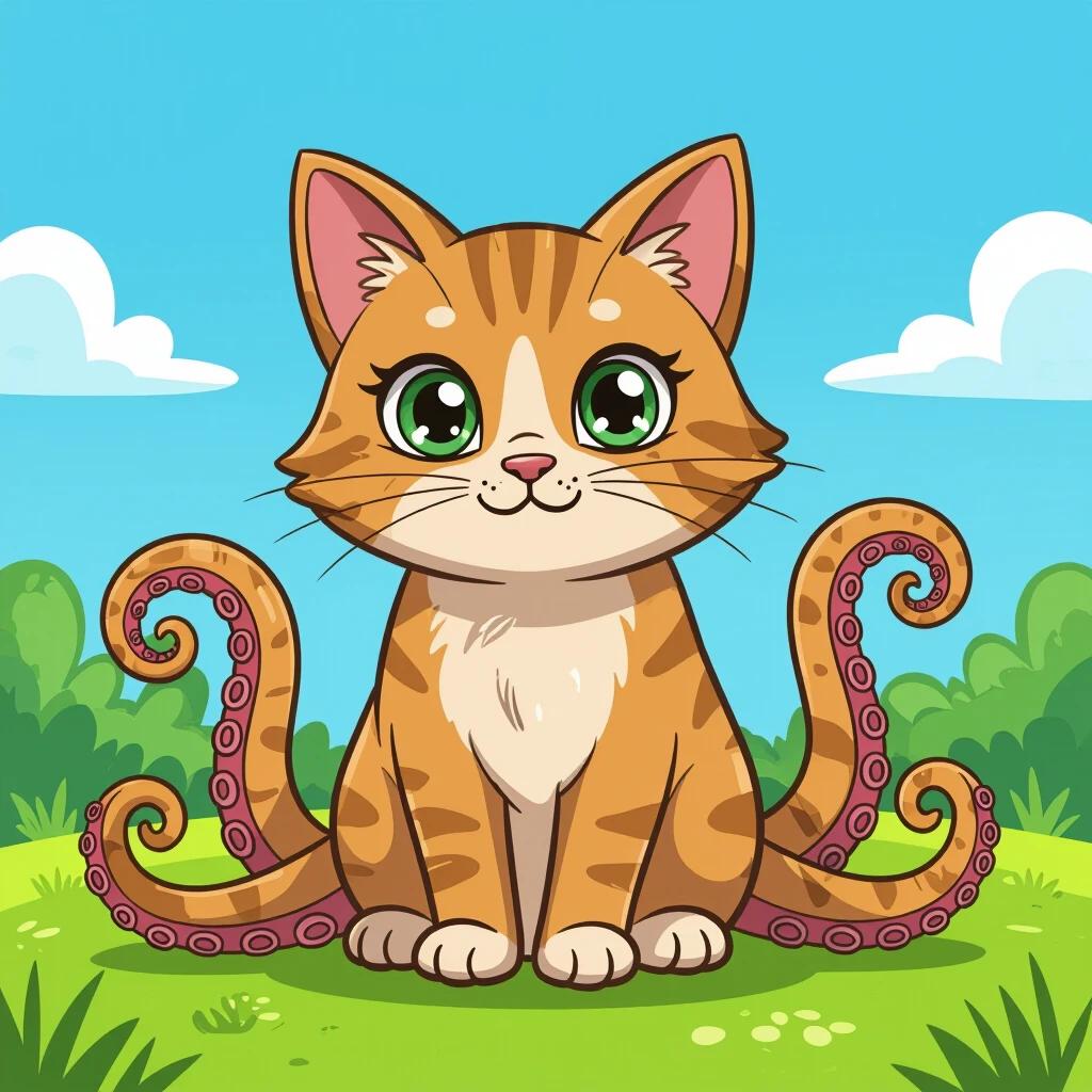 A cartoon cat with octopus tentacles in a playful style. The cat has bright green eyes and a friendly expression. The background features a blue sky with white clouds and green grass.