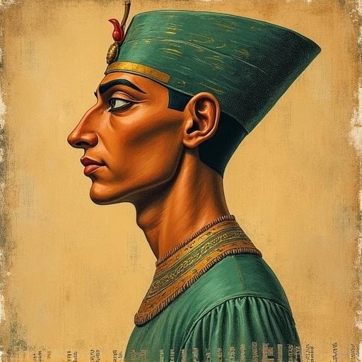 Illustration of a man with Egyptian features in profile. Canvas texture with muted colors. Drawing applied in pencil technique. Background resembles ancient manuscript. Features large outlined eyes and elongated profile. Body displays a green gradient.
