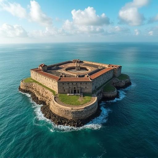 Aerial perspective of Fuerte de San Andrés in Cartagena de Indias. Show the fortress structure against the ocean backdrop. Highlight clarity of skies and surrounding waters.