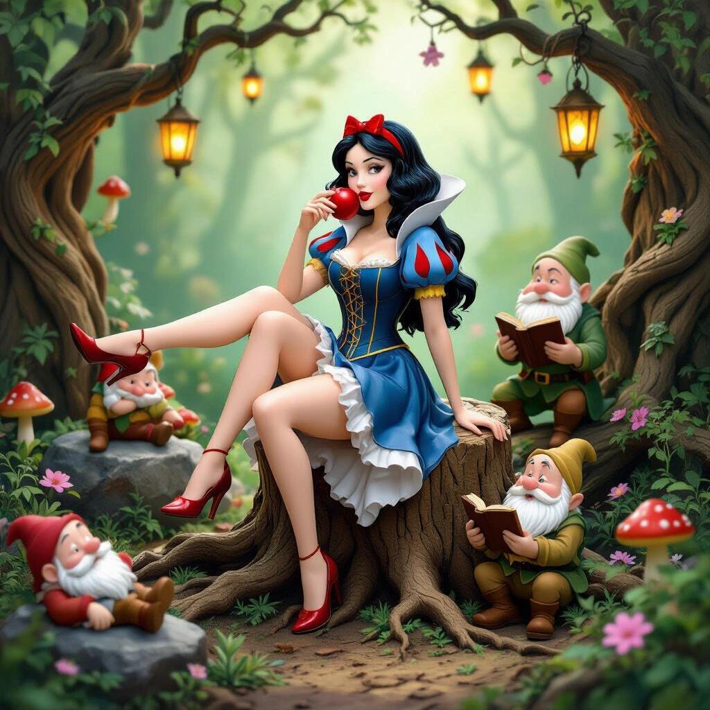 Resin figure of a sexy Snow White sitting on a tree trunk with legs crossed. Wearing a tight dress and corset. Holding a red apple to her lips. Surrounded by three dwarfs. Enchanted forest background with mushrooms and lanterns. Highly detailed, artistic finish.