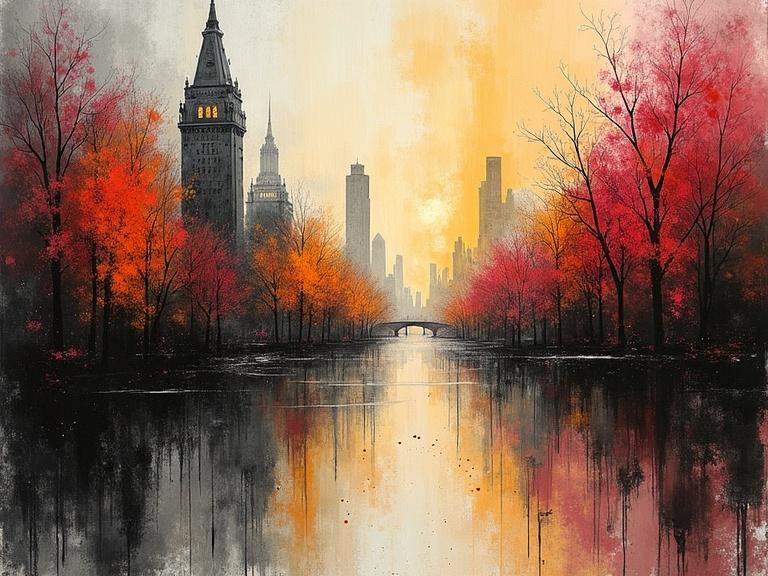 A cityscape artwork with vibrant autumn trees lining a reflective street. The skyline features tall buildings with a hazy sunset backdrop. The scene evokes a feeling of serenity amidst the urban rush. Abstract style with influences from Klimt and Haenraets, using dripping ink and splattering techniques.
