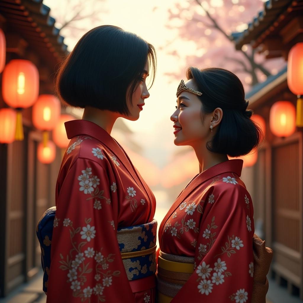 A highly realistic digital artwork shows modern Japanese women in kimonos. The setting features a reimagined traditional Japanese village. There are glowing LED-lit paper lanterns and sakura trees. The lighting creates a warm atmosphere.