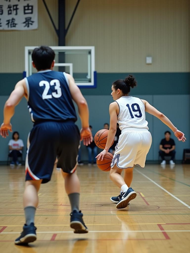 A basketball game at a university gym in Taiwan involves a male faculty player in a navy jersey defending. A female varsity point guard in a white jersey dribbles the ball energetically. The scene shows the court lines and gym details typical of Taiwanese universities. It captures a moment of intense sports action with focus on movement and competition.